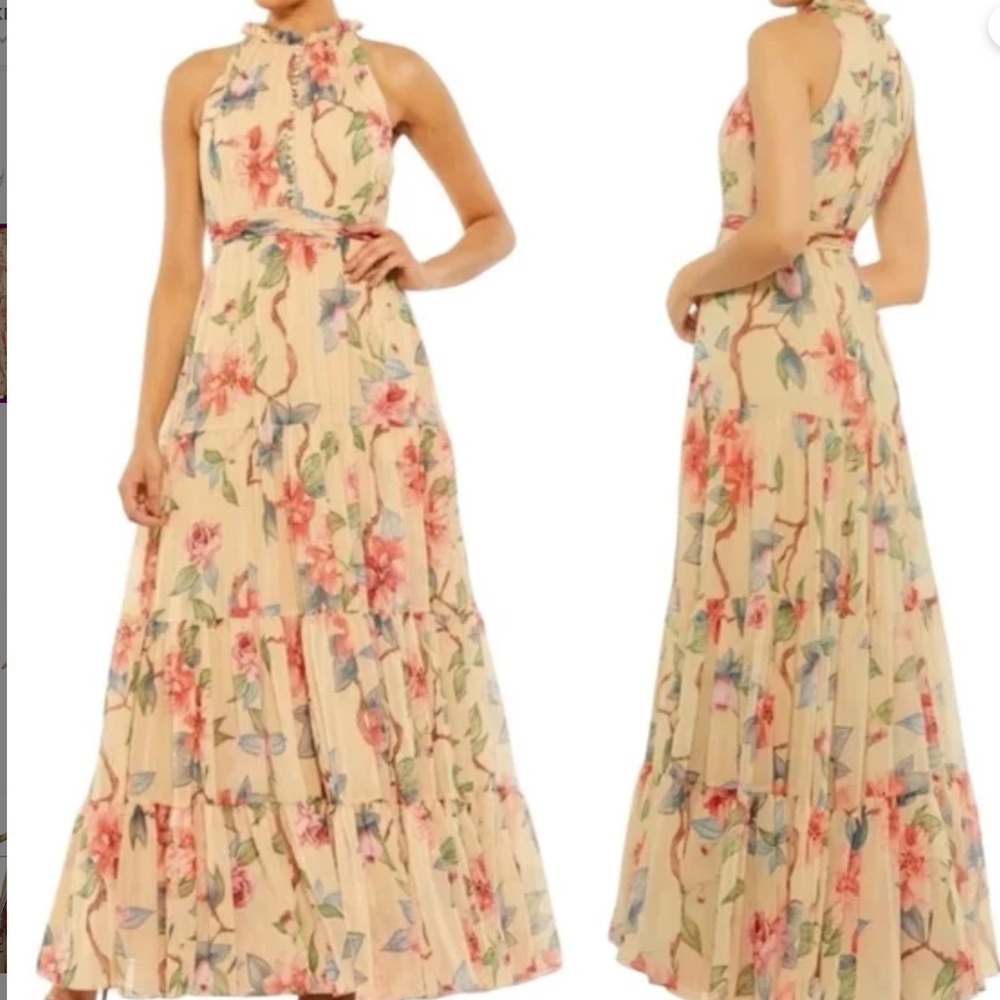 Mac Duggal Floral Maxi Dress - Cream and Pink